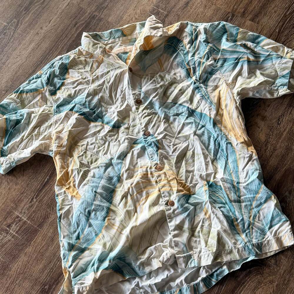 Vintage Tommy Bahama Tropical Palm Hawaiian Shirt, Teal/Tan, Size L